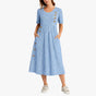 Women's striped midi dress with short sleeves, button details and side pockets