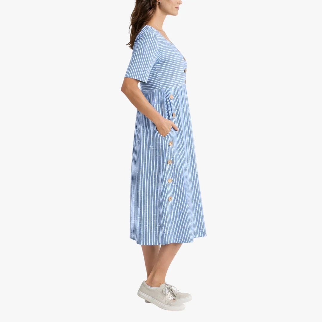 Women's striped midi dress with short sleeves, button details and side pockets