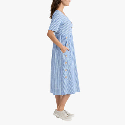 Women's striped midi dress with short sleeves, button details and side pockets