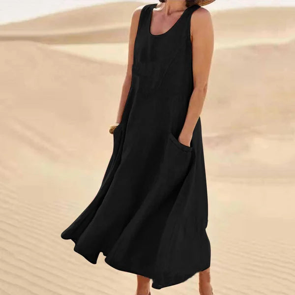 Women's sleeveless scoop-neck midi dress with side pockets