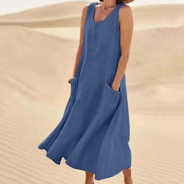 Women's sleeveless scoop-neck midi dress with side pockets