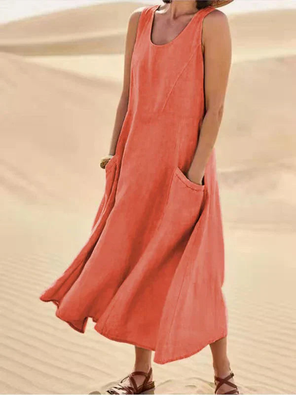 Women's sleeveless scoop-neck midi dress with side pockets