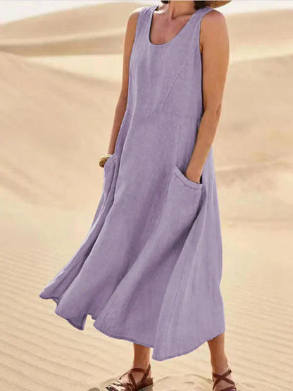 Women's sleeveless scoop-neck midi dress with side pockets