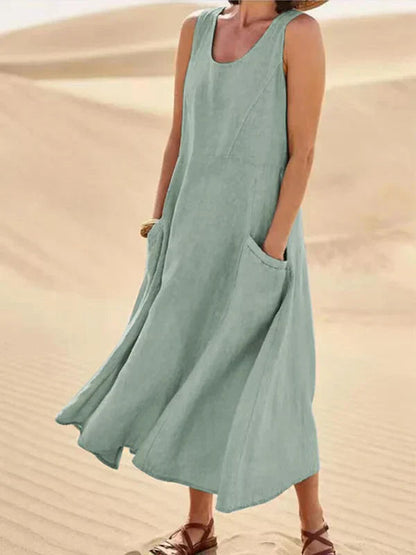 Women's sleeveless scoop-neck midi dress with side pockets
