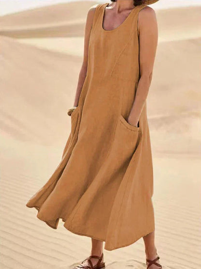 Women's sleeveless scoop-neck midi dress with side pockets