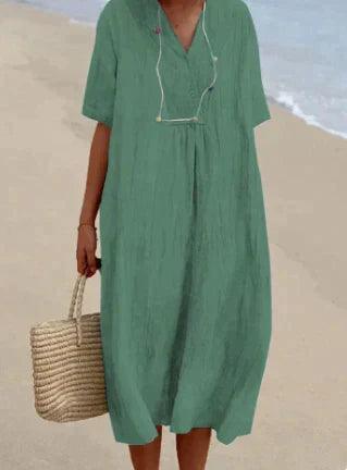 Women's relaxed V-neck midi dress with short sleeves and a gathered waist