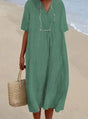 Women's relaxed V-neck midi dress with short sleeves and a gathered waist
