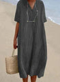 Women's relaxed V-neck midi dress with short sleeves and a gathered waist