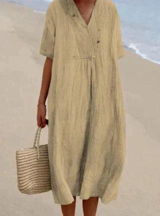 Women's relaxed V-neck midi dress with short sleeves and a gathered waist
