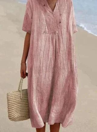 Women's relaxed V-neck midi dress with short sleeves and a gathered waist