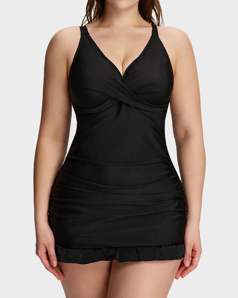 Women's ruched V-neck one-piece swimsuit with cross-back straps and ruffle hem