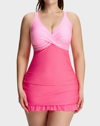 Women's ruched V-neck one-piece swimsuit with cross-back straps and ruffle hem