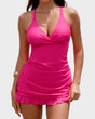 Women's ruched V-neck one-piece swimsuit with cross-back straps and ruffle hem