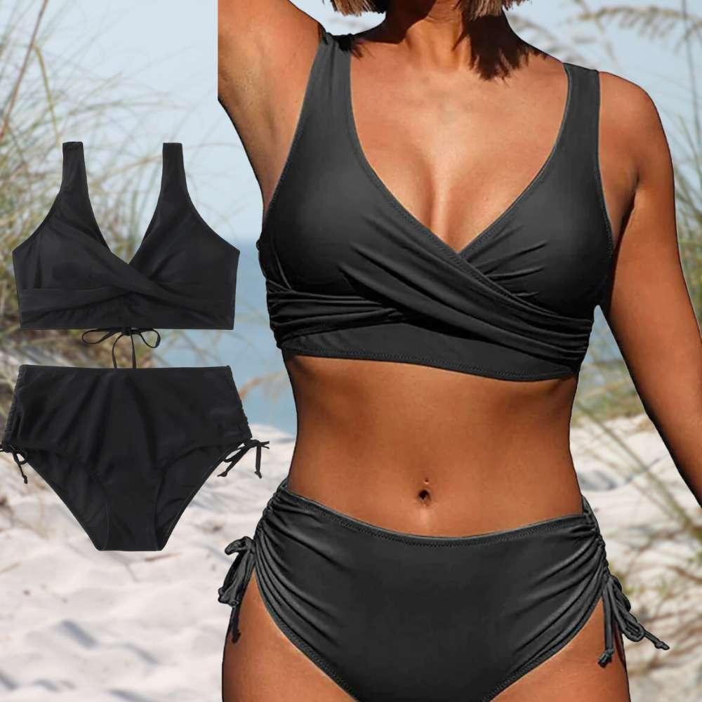 Women's ruched two-piece bikini set with wrap-front top and tie-side briefs