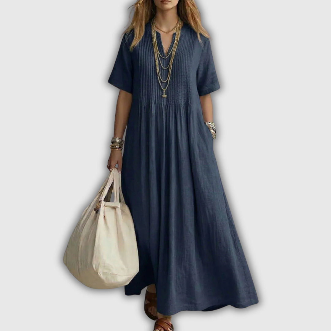 Vestido largo de mujer con escote en V, manga corta y pinzas