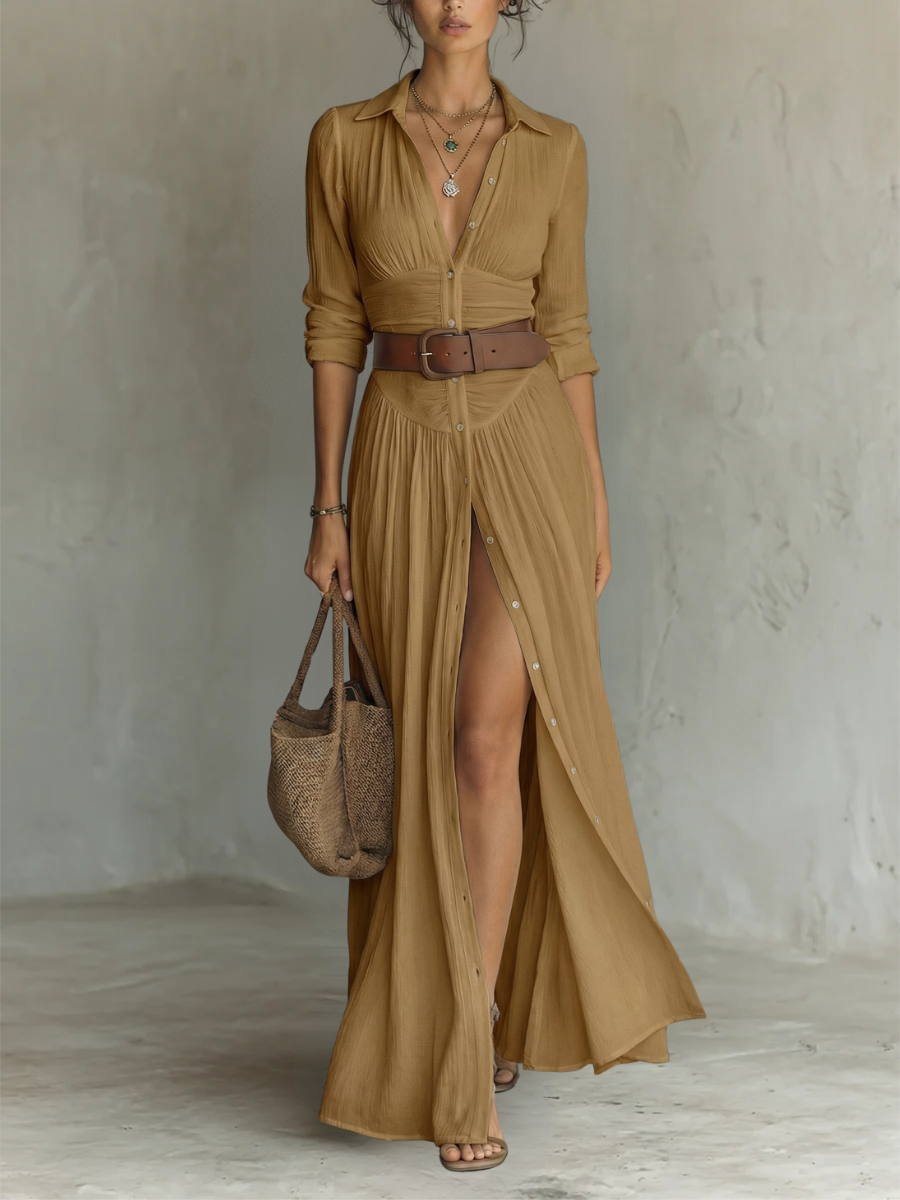 Women's pleated maxi shirt dress with notched collar, long sleeves and button front