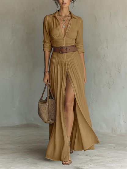 Women's pleated maxi shirt dress with notched collar, long sleeves and button front