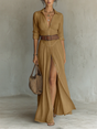 Women's pleated maxi shirt dress with notched collar, long sleeves and button front