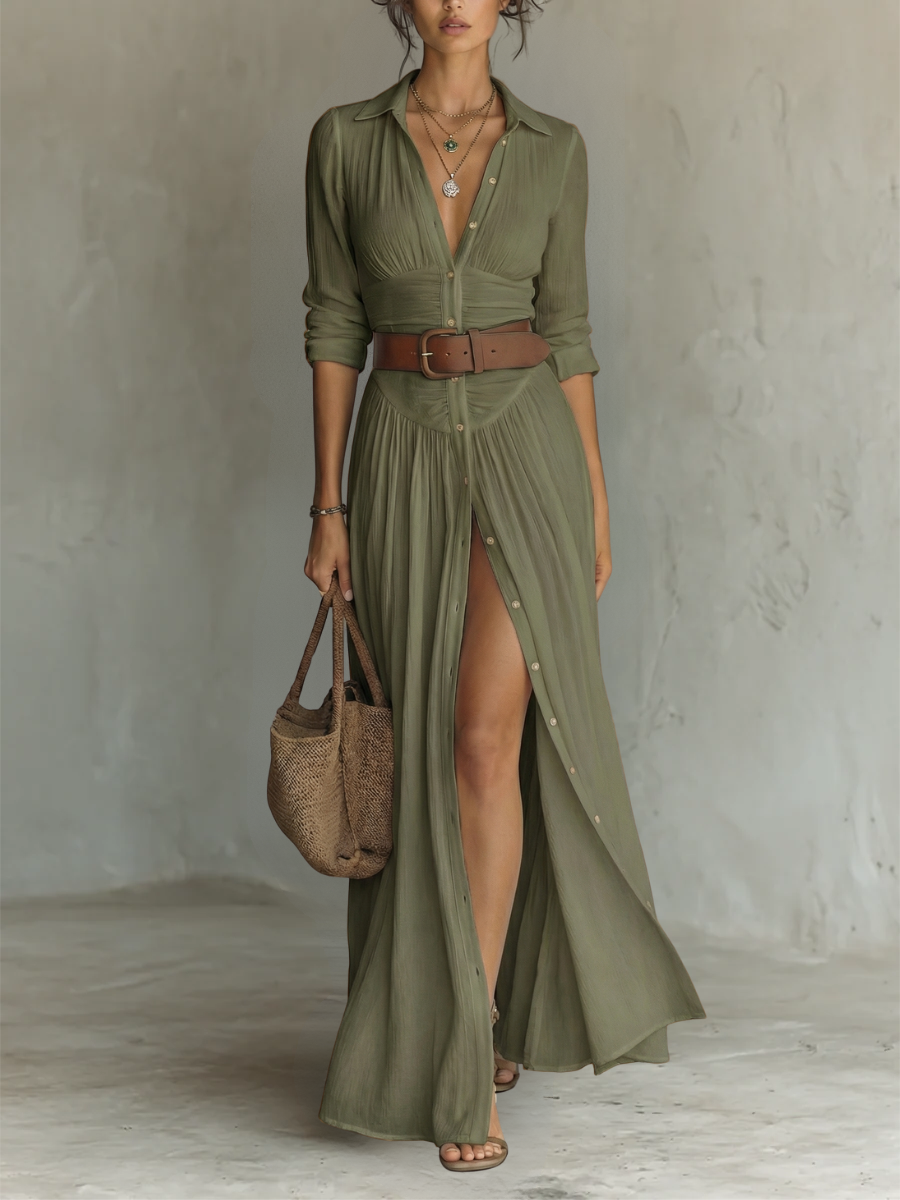 Women's pleated maxi shirt dress with notched collar, long sleeves and button front