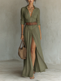 Women's pleated maxi shirt dress with notched collar, long sleeves and button front