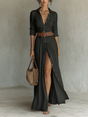 Women's pleated maxi shirt dress with notched collar, long sleeves and button front