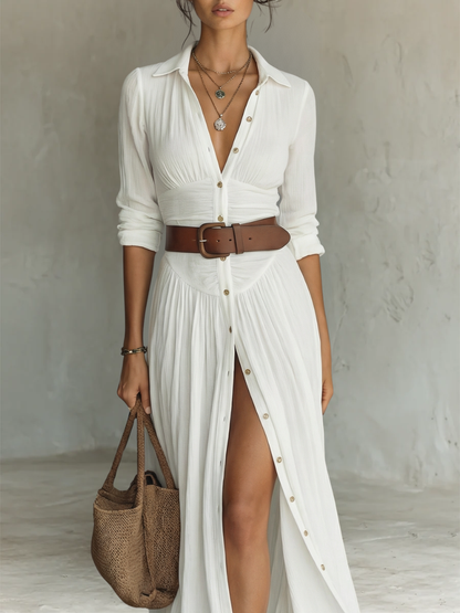 Women's pleated maxi shirt dress with notched collar, long sleeves and button front