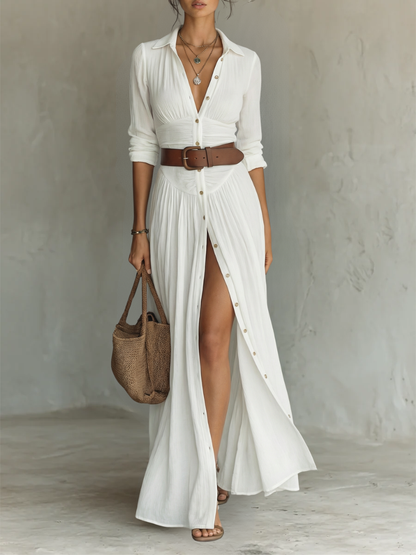 Women's pleated maxi shirt dress with notched collar, long sleeves and button front