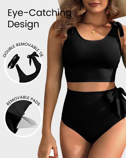 Women's high-waisted bikini set with tie-shoulder crop top and side bow detail