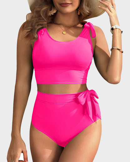 Women's high-waisted bikini set with tie-shoulder crop top and side bow detail