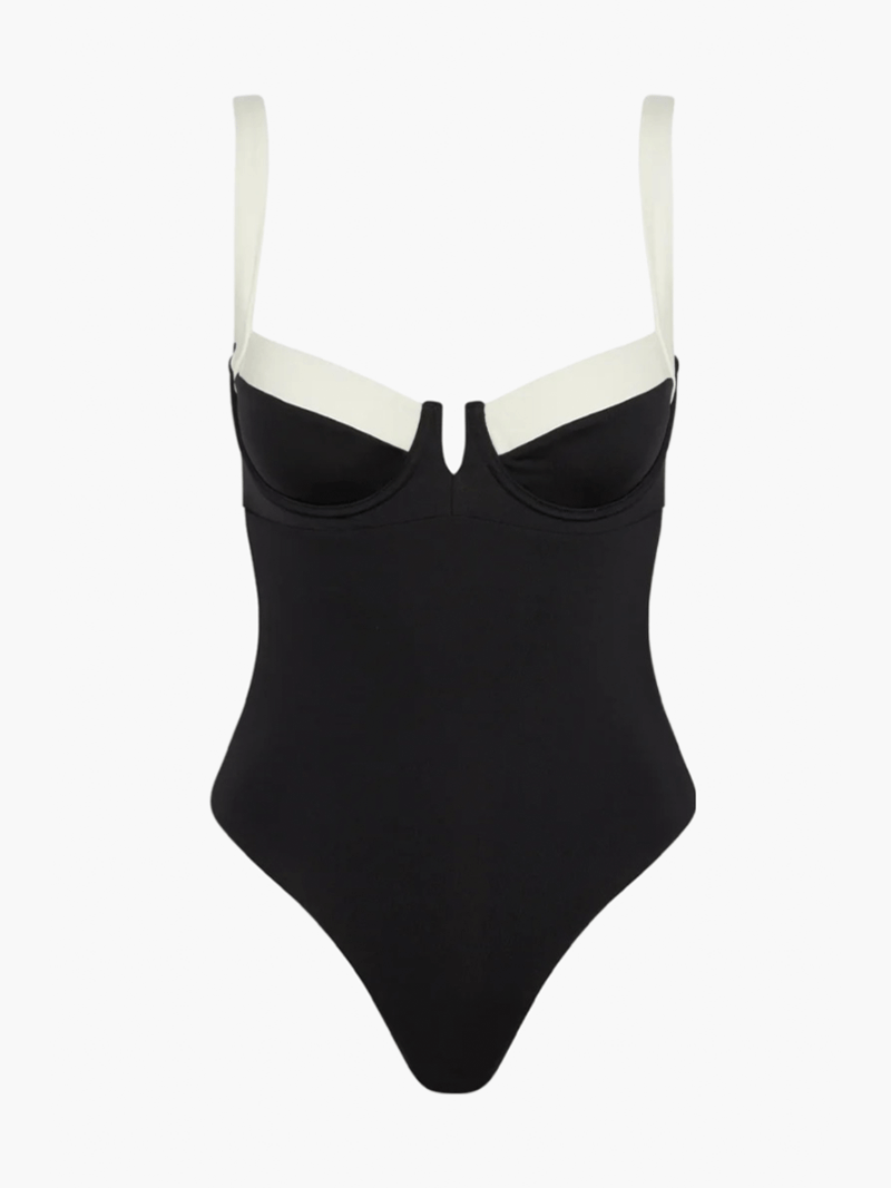 Black one-piece swimsuit with sweetheart neckline, light trim and spaghetti straps
