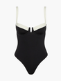 Black one-piece swimsuit with sweetheart neckline, light trim and spaghetti straps