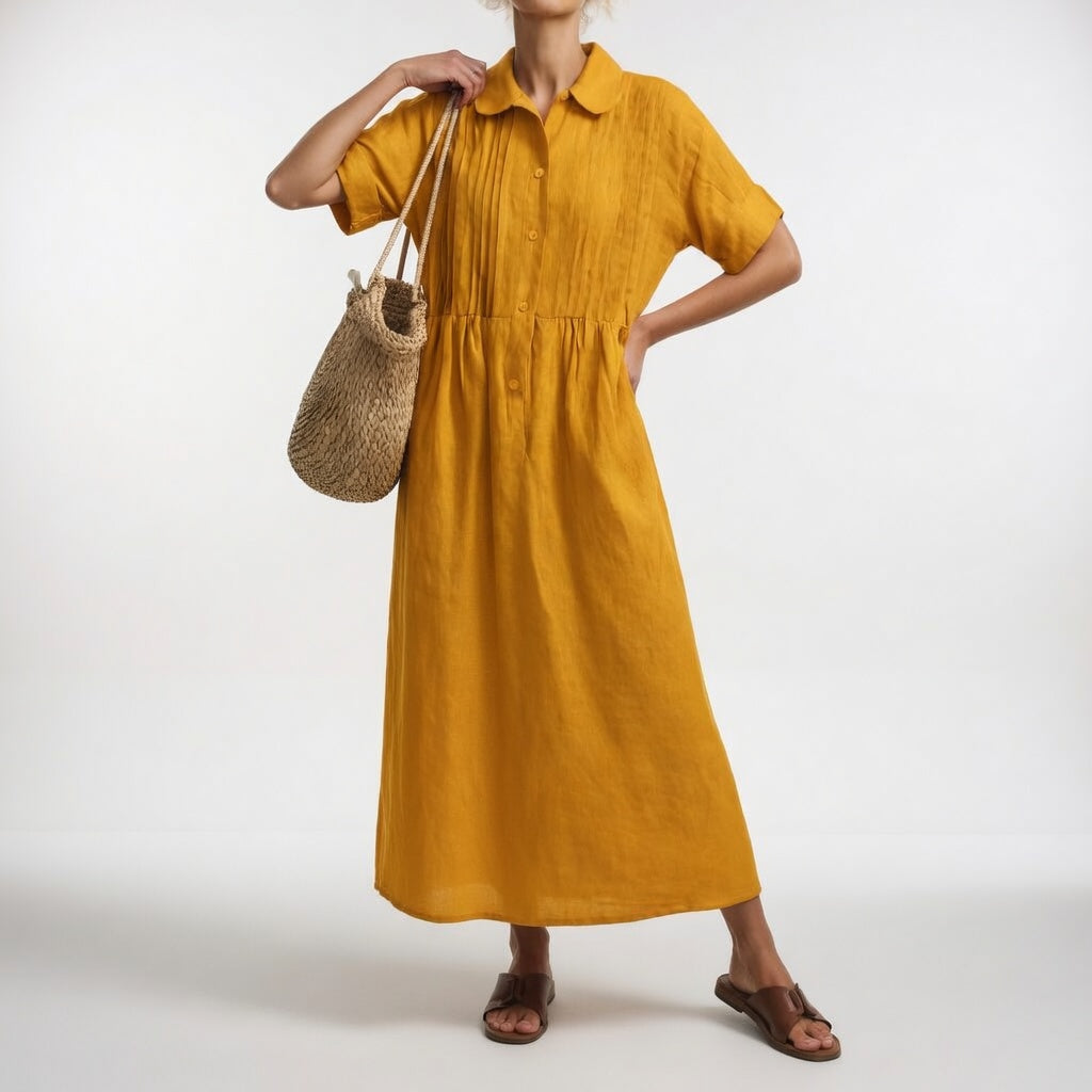 Women's shirt midi dress with rounded collar, short sleeves and gathered waist
