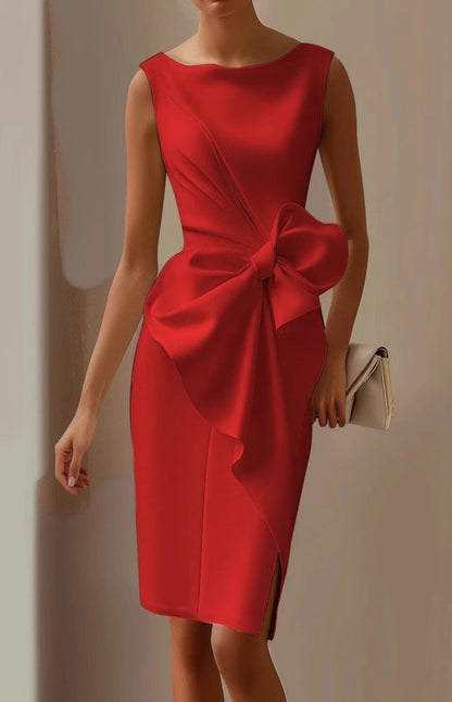 Women's sleeveless knee-length dress with oversized waist bow and draped front