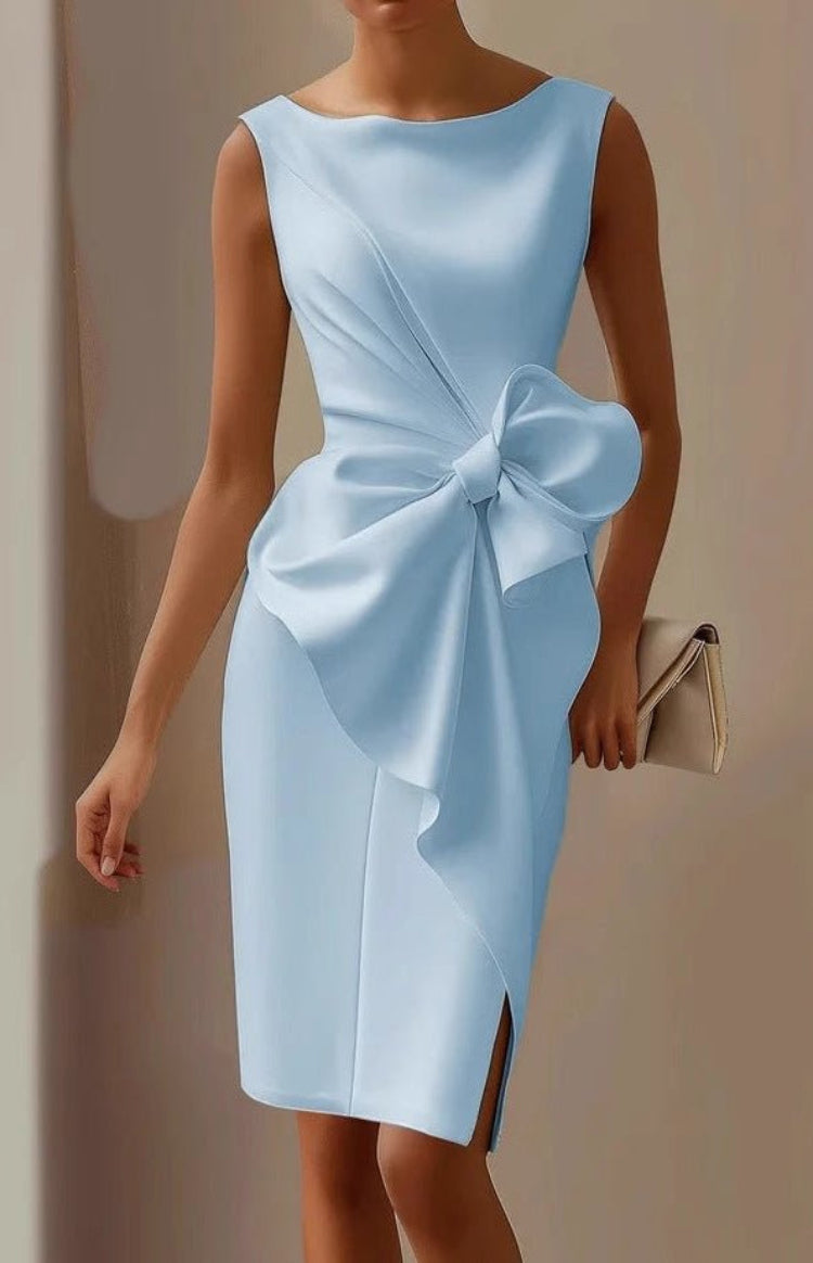 Women's sleeveless knee-length dress with oversized waist bow and draped front