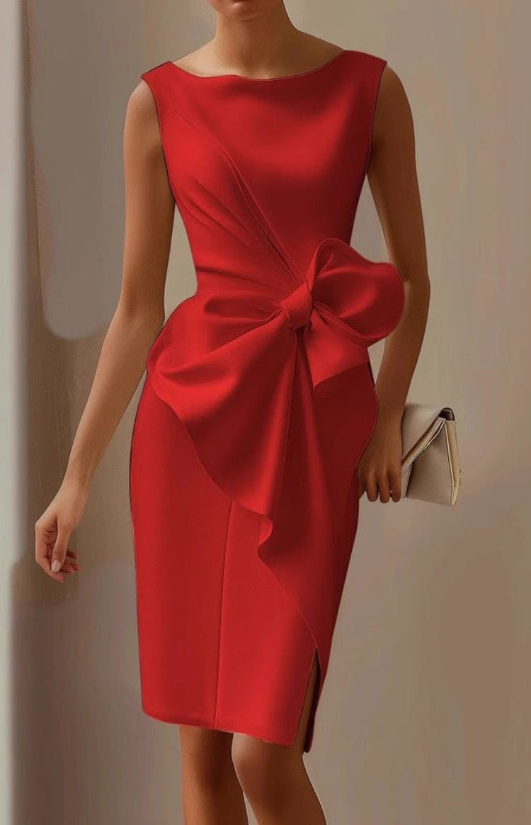 Women's sleeveless knee-length dress with oversized waist bow and draped front
