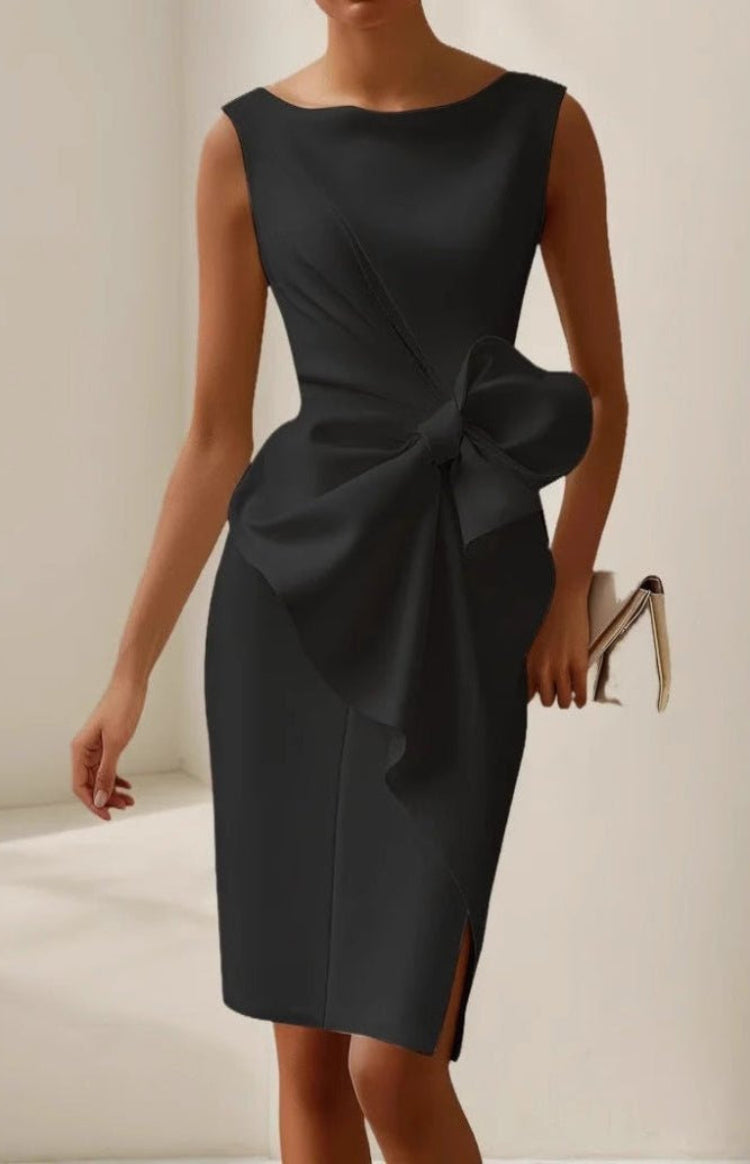 Women's sleeveless knee-length dress with oversized waist bow and draped front