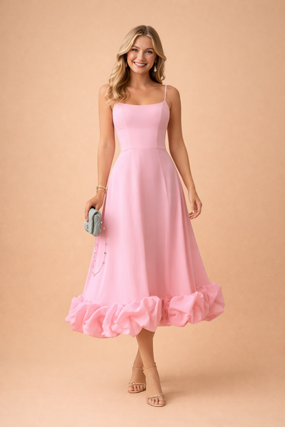Women's square-neck midi dress with spaghetti straps and ruffle hem
