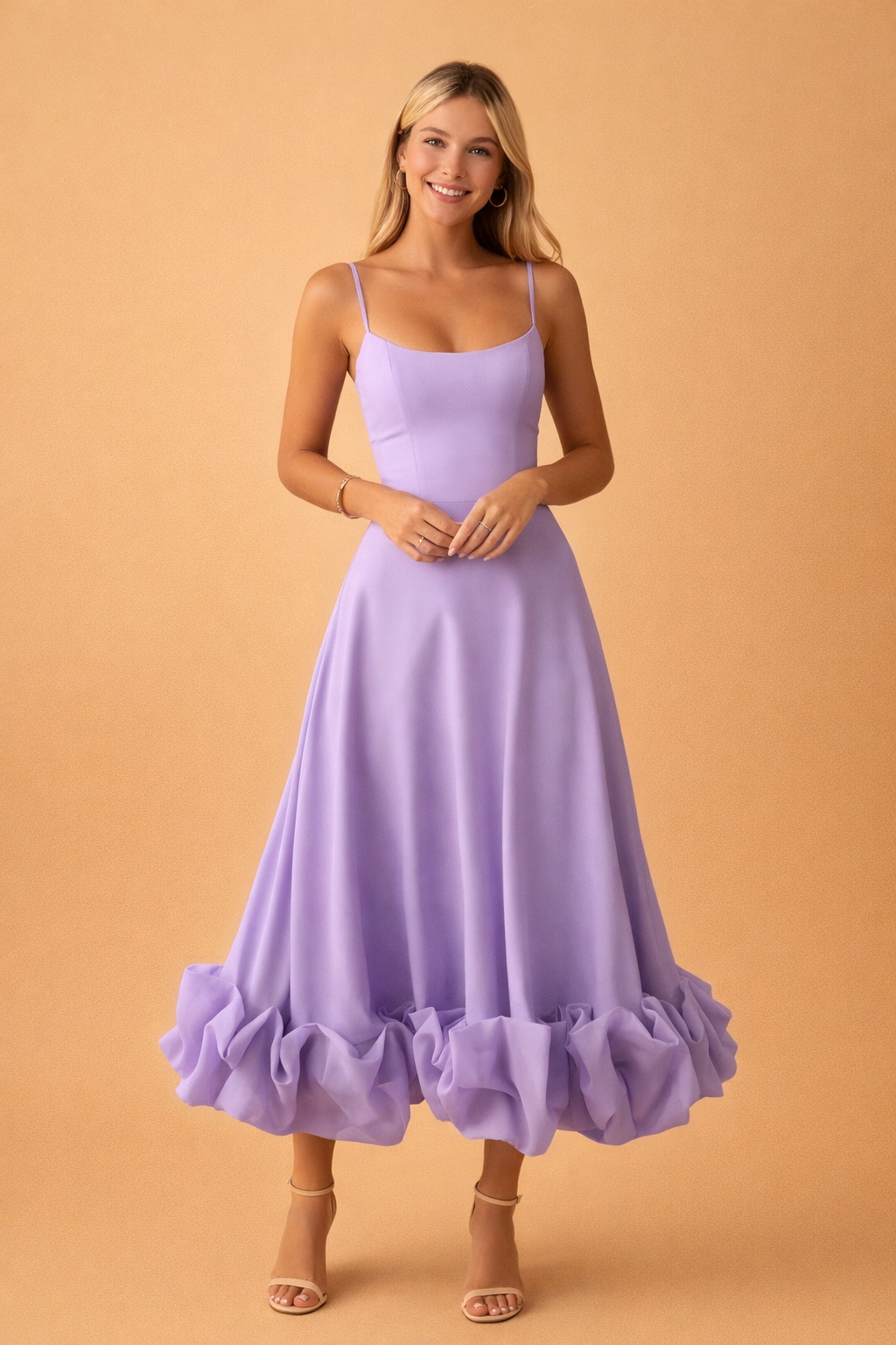 Women's square-neck midi dress with spaghetti straps and ruffle hem