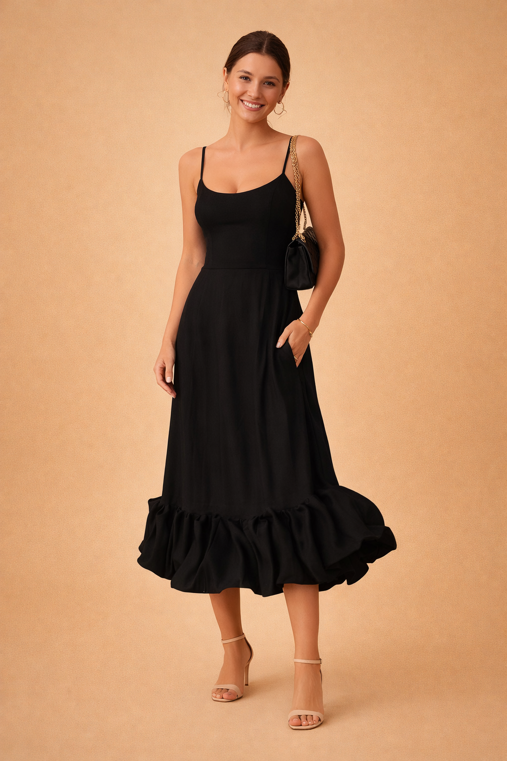 Women's square-neck midi dress with spaghetti straps and ruffle hem
