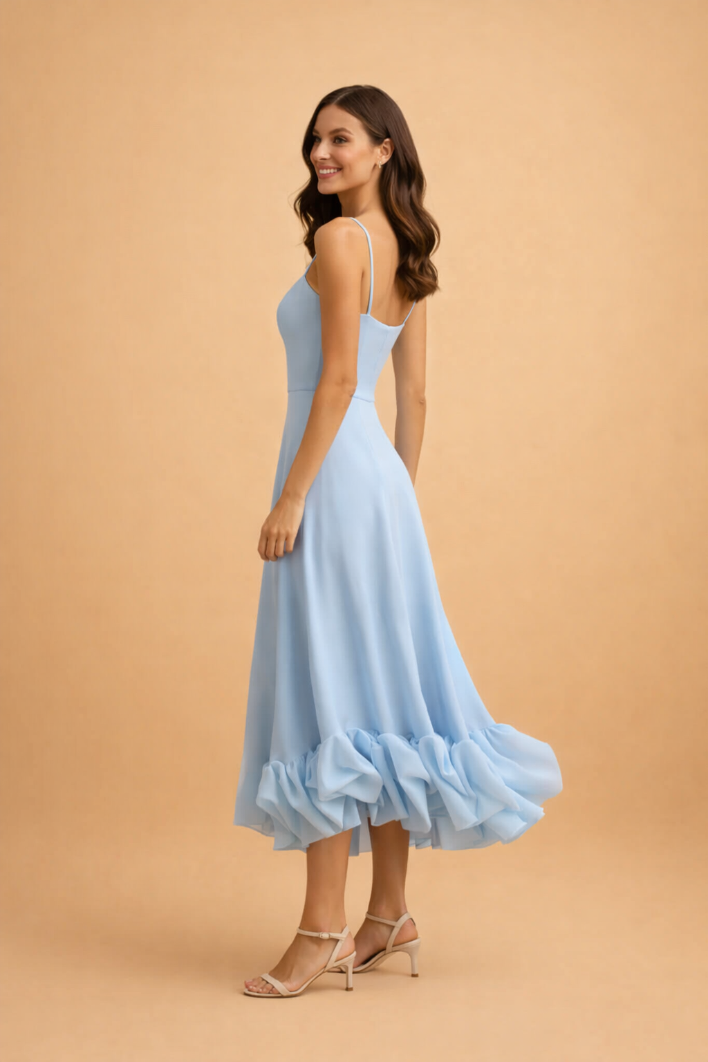 Women's square-neck midi dress with spaghetti straps and ruffle hem