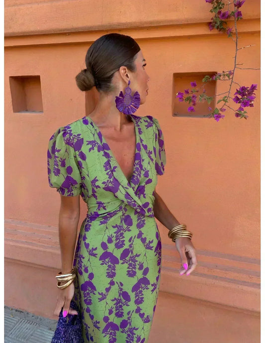 Women's green floral wrap midi dress with V-neck and short puff sleeves