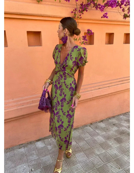 Women's green floral wrap midi dress with V-neck and short puff sleeves