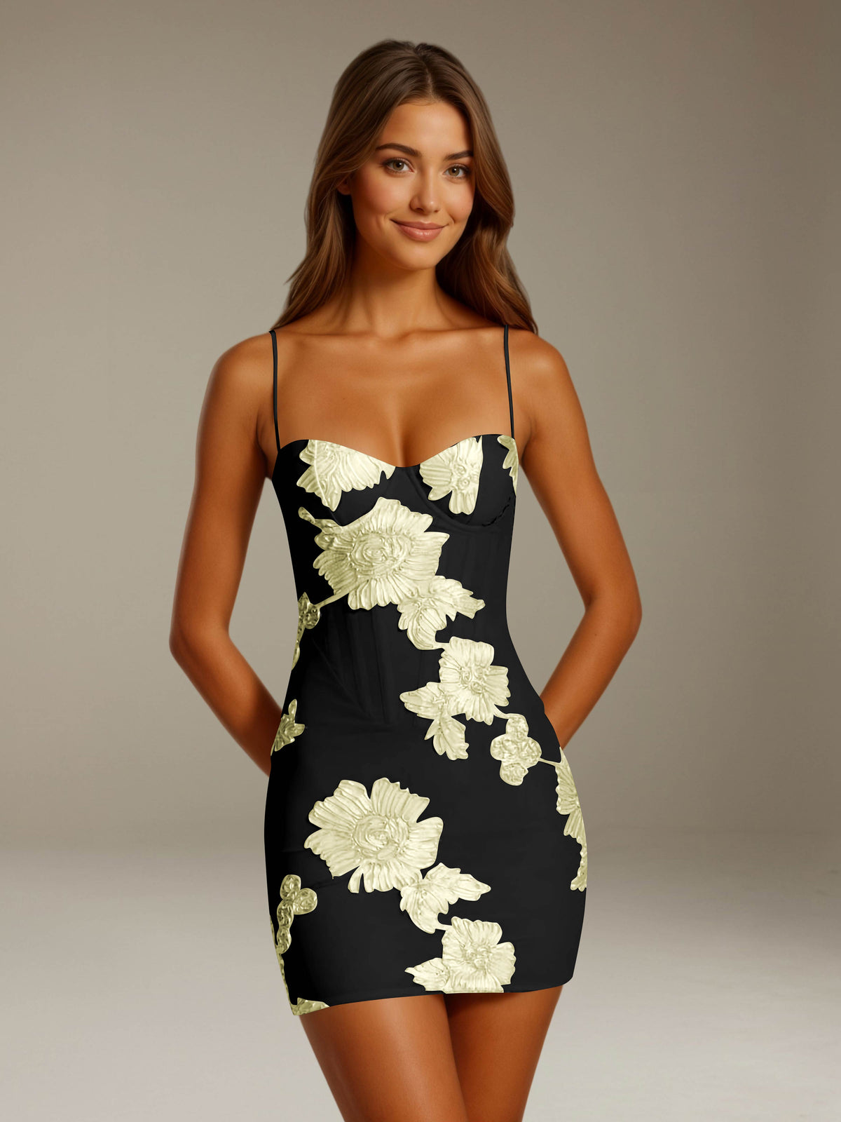Women's floral appliqué mini dress with sweetheart neckline and spaghetti straps