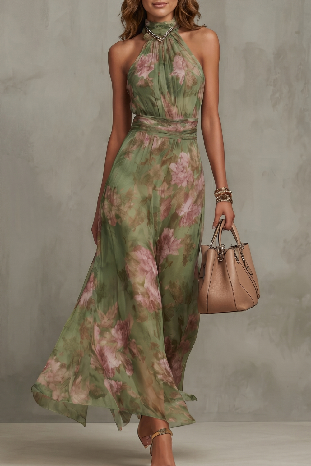 Green floral halter maxi dress with waist sash and flowing skirt