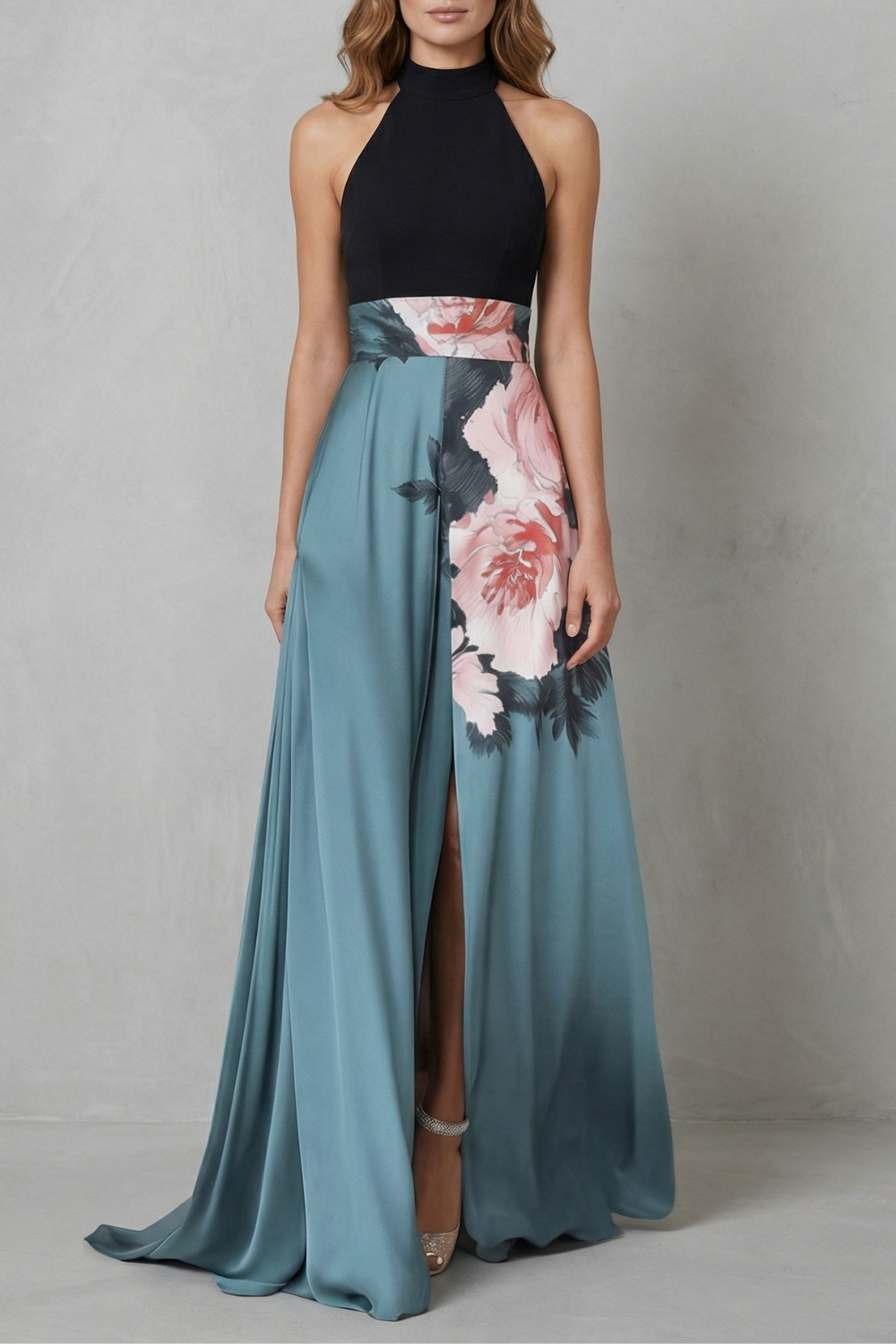Women's black and blue floral halter maxi dress with a floor-length skirt