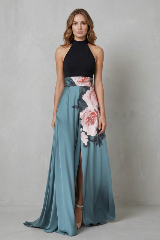 Women's black and blue floral halter maxi dress with a floor-length skirt