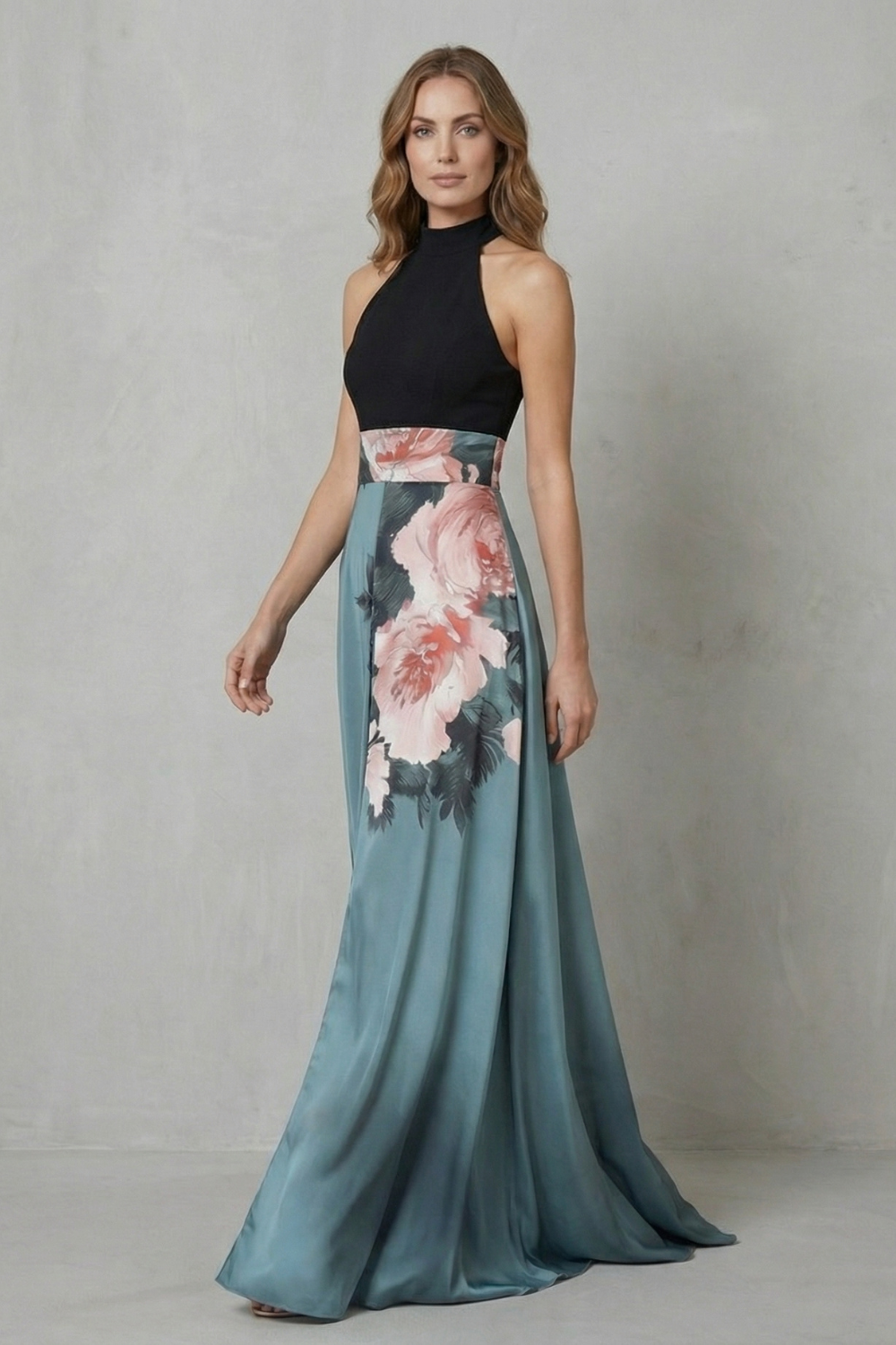 Women's black and blue floral halter maxi dress with a floor-length skirt