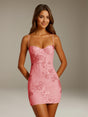 Women's floral appliqué mini dress with sweetheart neckline and spaghetti straps