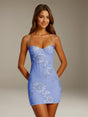 Women's floral appliqué mini dress with sweetheart neckline and spaghetti straps