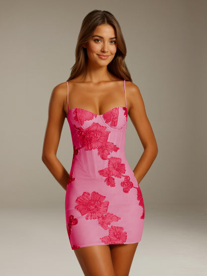 Women's floral appliqué mini dress with sweetheart neckline and spaghetti straps